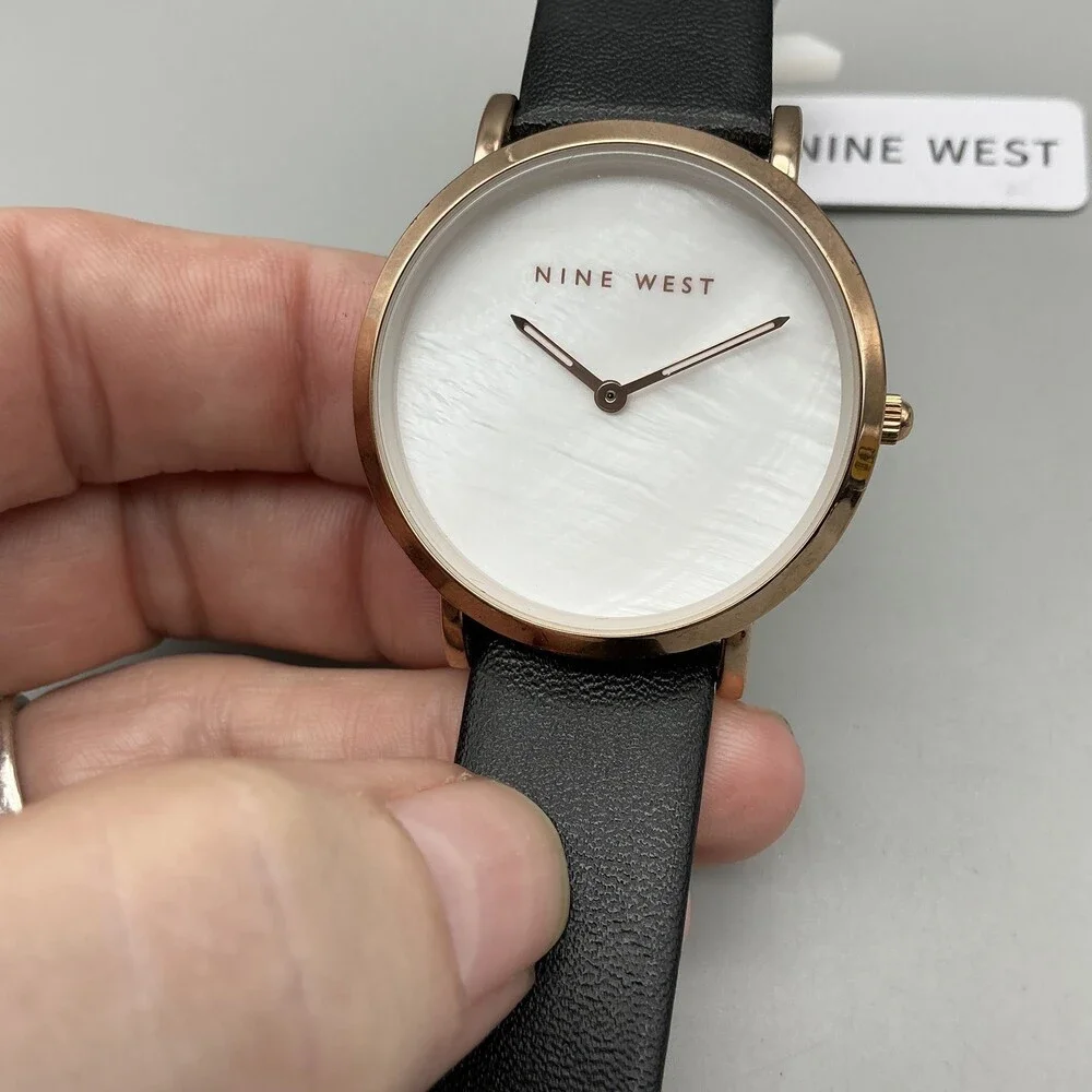Nine West Womens Watch 36mm MOP Dial Rose Gold Black Faux Leather Minimalist